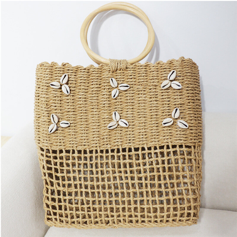 Bolso de mano con asa de madera para mujer, bolsa de hombro con decoración de concha, de paja, de gran capacidad, para playa