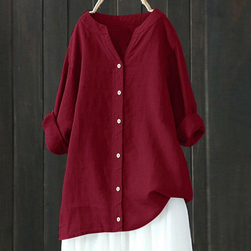 Cotton Linen Shirts And Blouses Solid Loose Plus Size Blouses Spring Autumn Casual Loose Long Sleeved Stand Collar Tops Tunics
