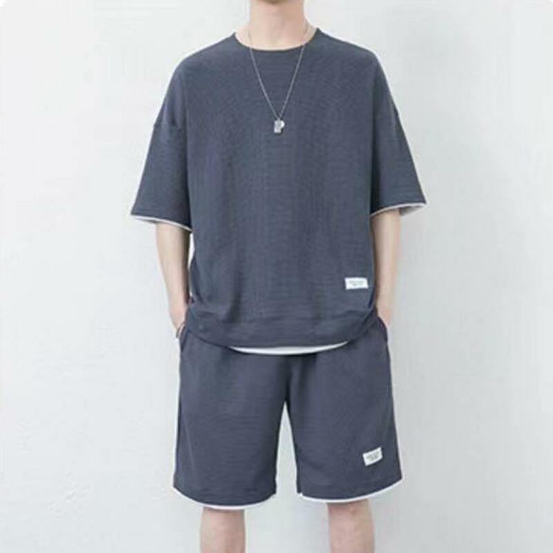 Fato de treino masculino de manga curta com bolsos, camisa de verão e shorts, 2 peças por conjunto