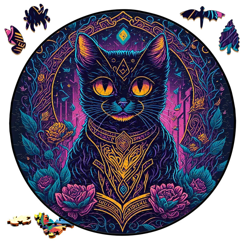 Mysterious Wooden Jigsaw Puzzle Board Games Animal Cat Round Shaped Wood Puzzles Toys Secret Puzzle Boxes Package Best Gift