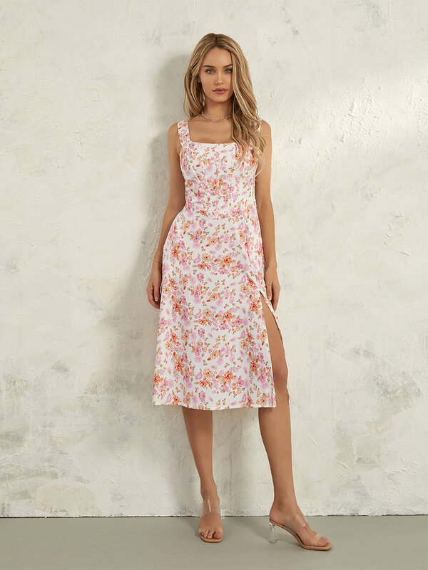 Springcmy Women s Summer Midi Dress Casual Sleeveless Low Cut Floral Print Dress Flowy A-Line Going Out Sundress