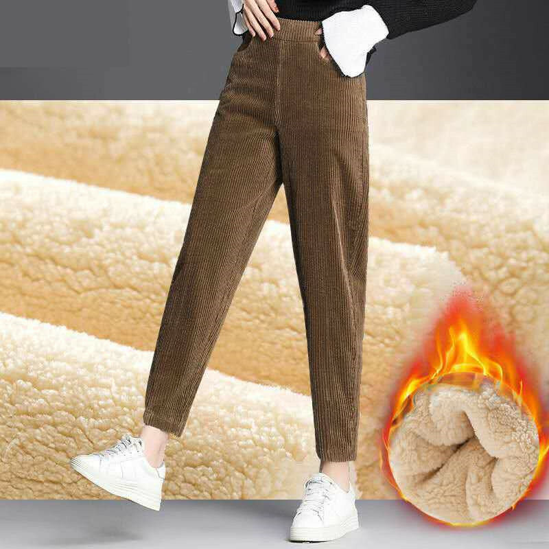 Pantalones casuales gruesos de felpa para mujer, Leggings cálidos de pana, pantalones Harem de cintura alta, Otoño e Invierno
