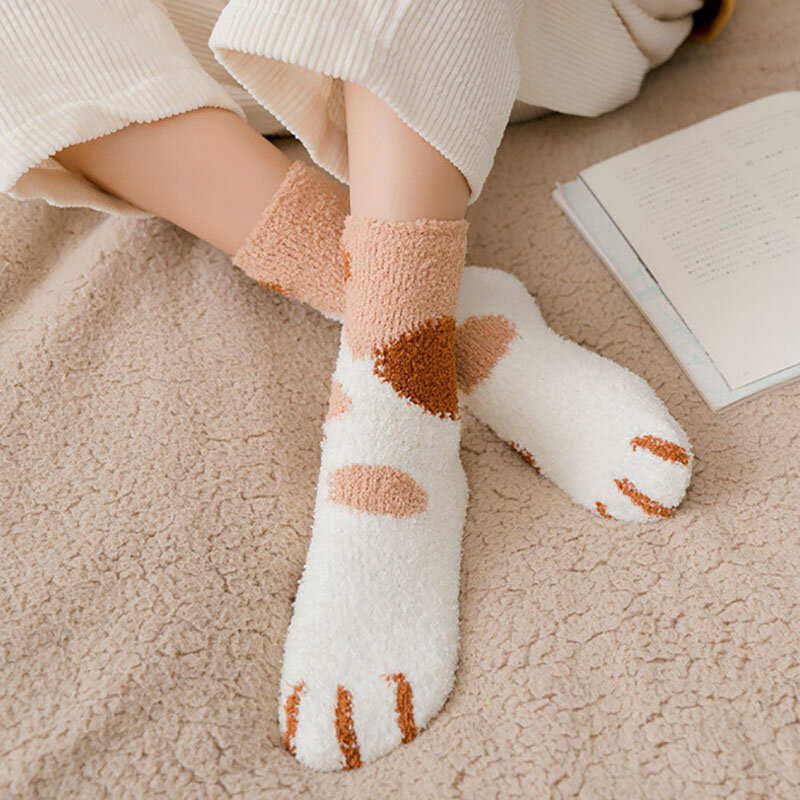 Плюшевые зимние милые стильные женские хлопковые носки с мультяшным рисунком кошачьих лап, очень мягкие для женщин, для сна в доме