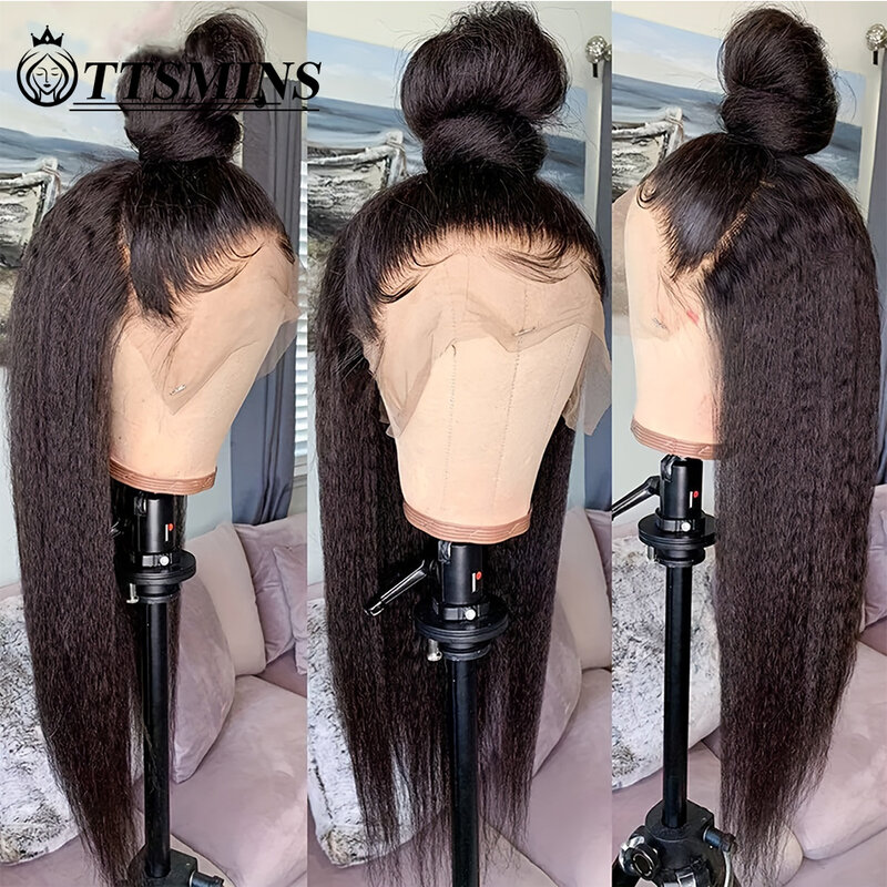 Yaki Straight 13*4 Lace Front Human Hair Wig Kinky Straight Glueless Wigs PrePlucked With Baby Hair Transparent Lace Frontal Wig