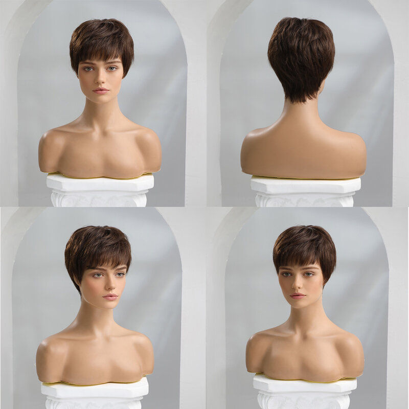 Pelucas de cabello humano liso marrón para mujeres negras, Afro, africano, corte Pixie corto con flequillo, uso diario, hecho a máquina