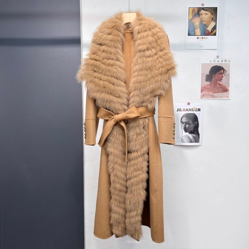 2023 Autumn and Winter New Fur Coat with Wool Double-sided Wool Coat for Women's Long Fox Fur Door Flap with Large Polo Neck