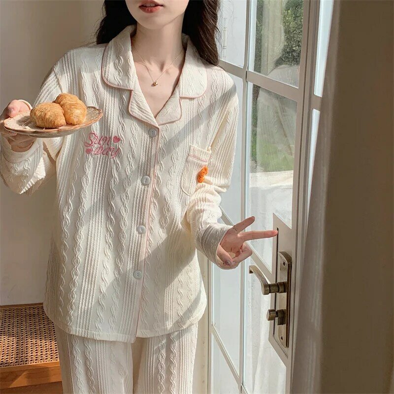 Pijama fino de algodão feminino, calça cardigã de manga comprida, conjunto de roupas largas, pijamas de menina fofa, primavera, outono