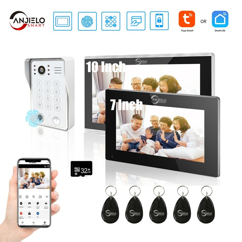 Tuya-Interphone vidéo à écran tactile avec sonnette filaire, interphone vidéo, moniteur de balayage de carte d'empreintes digitales, 7/10 P, 1080 °, mot de passe, 148 pouces
