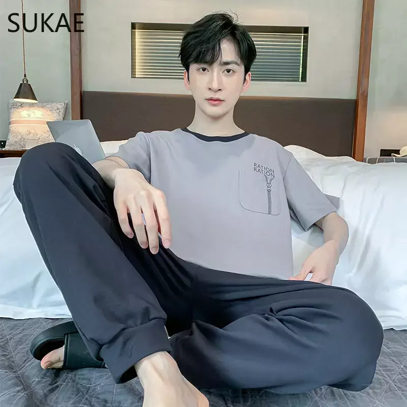 SUKAE-Conjunto de Pijama de estilo minimalista coreano para hombre, ropa de dormir elegante de algodón, informal, para verano, L-4XL
