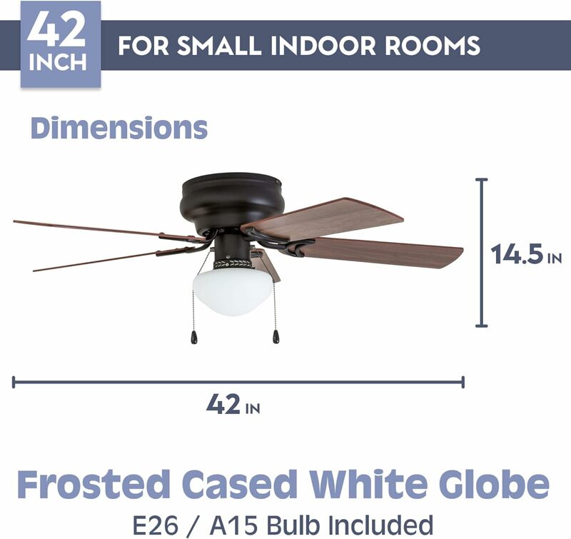 LED ventilador de teto com Pull Cadeia, duplo acabamento lâminas, montagem Flush tradicional, Luz interior, Proeminência Casa Alvina, 42 em