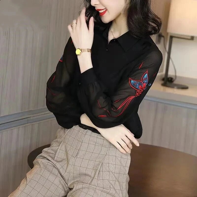 2024 New spring summer Black Chiffon Embroidered Shirt Women's Long Sleeved Loose Cardigan Blouse Thin Female Shirts Tops 4XL