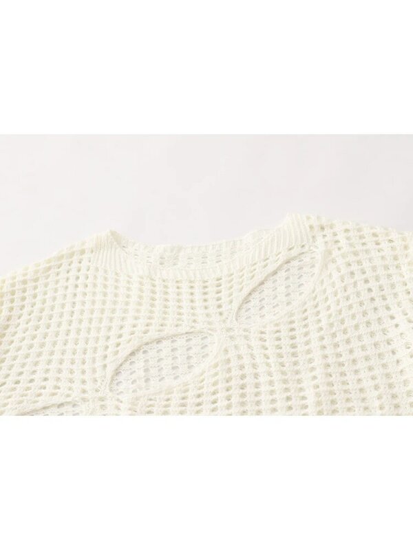 Autumn Short Hollow Out White Sweater Pullovers Women Korean Vintage Fashion Y2k Streetwear Long Sleeve Top Loose Knitwear 2023