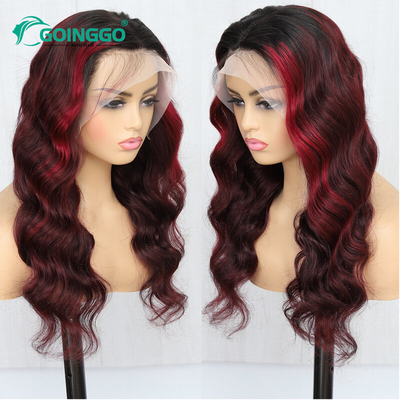 99J Human Hair 13X6 Hd Lace Front Wigs Transparent Body Wave Burgundy With Black Roots Preplucked Human Hair Wigs 18-30 inch