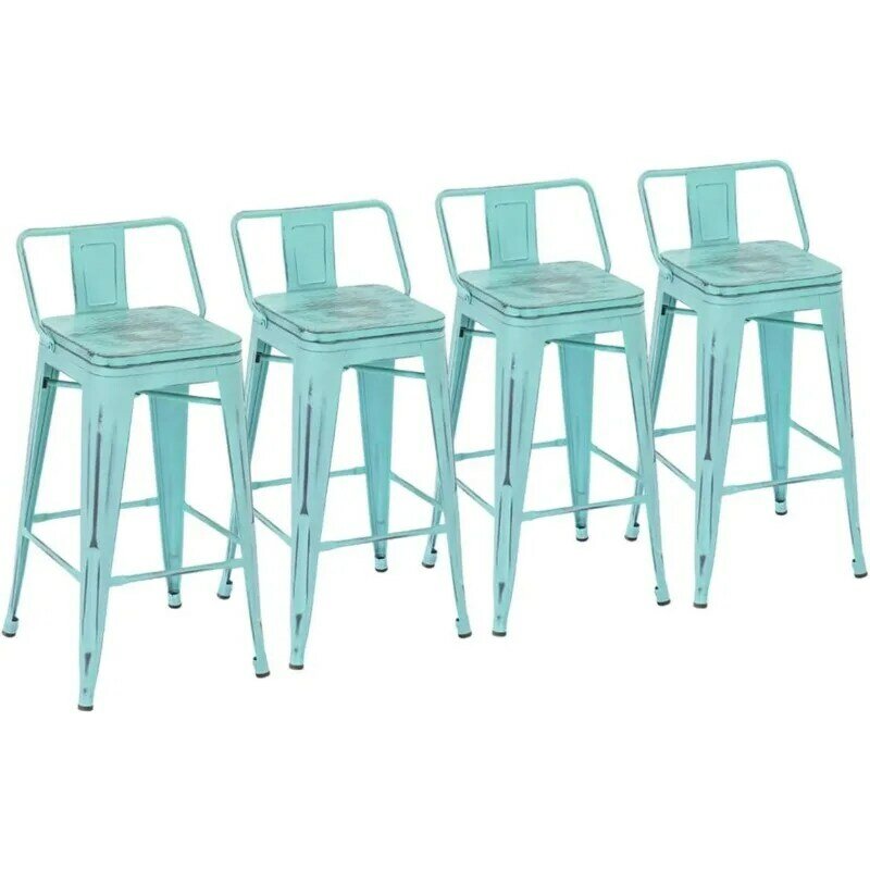 30 inch Bar Stools Set of 4 Bar Height Metal Barstools with Wood Seat Low Back Kitchen Bar Chairs Distressed Mint