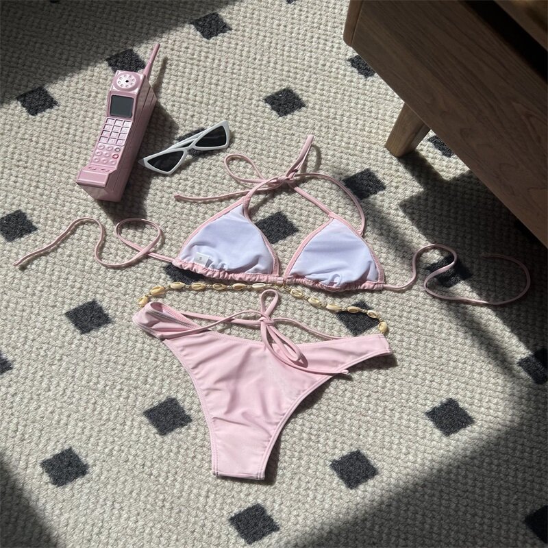 Pakaian renang Bikini wanita, 2 potong atasan + pakaian jalanan gadis panas Rose Pink musim panas liburan pantai