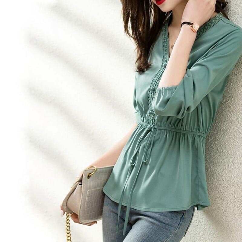 Pendler Elegante Einfarbig Taille Schnürung Shirt für Weibliche Neue Frühjahr Mode Koreanische Taste Verstärktes V-ausschnitt Langarm Blusen