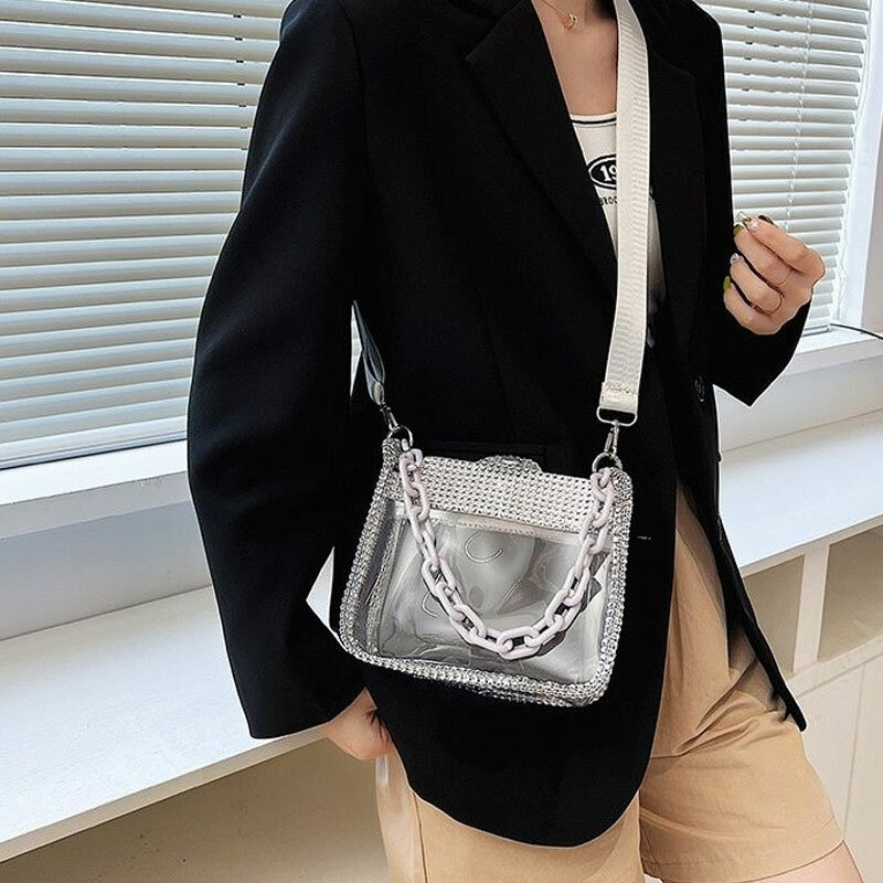 Корейская мода, новинка 2023, женская сумка через плечо из ПВХ, блестящая сумка-слинг с цепочкой для телефона и стадиона