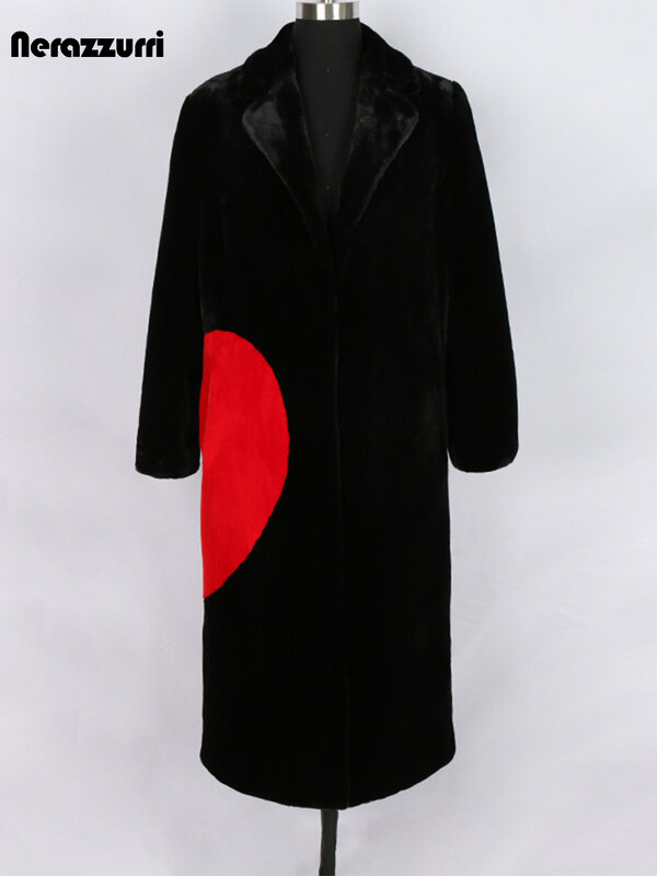 Nerazzurri-女性のための長い暖かいふわふわのフェイクファーコート、赤い愛のハートラペル、高級デザイナー服、ファッション、黒、ラン、冬