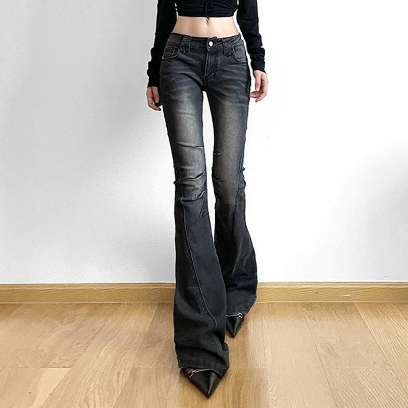 Denim Planet Worn Pleated Washed Jeans 2024 New Y2k Style Spicy Girl Low Waisted Slim Fit Open Front Women's Pants