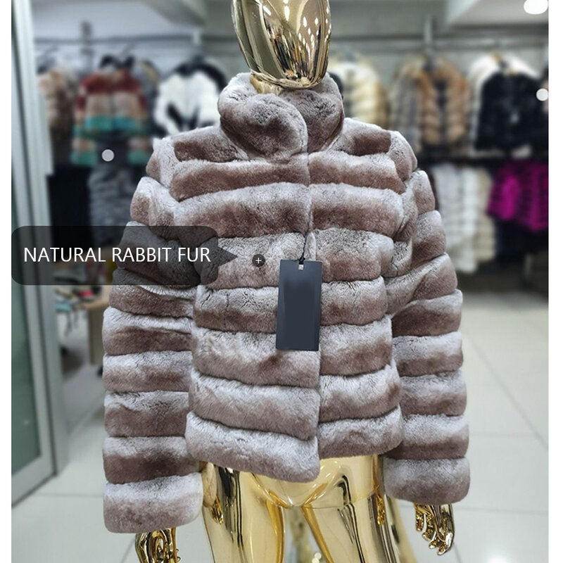 Casaco de pele de coelho genuíno Rex para mulheres, jaqueta luxuosa de chinchila, gola alta, casaco de inverno feminino 2022