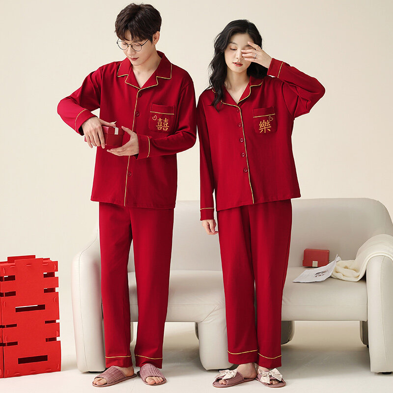Autumn Couple Pajamas Set Cotton Loose Pyjamas Women Men Long Sleeve Homewear Lovers Nightgowns Wedding Celebration Red Pajama