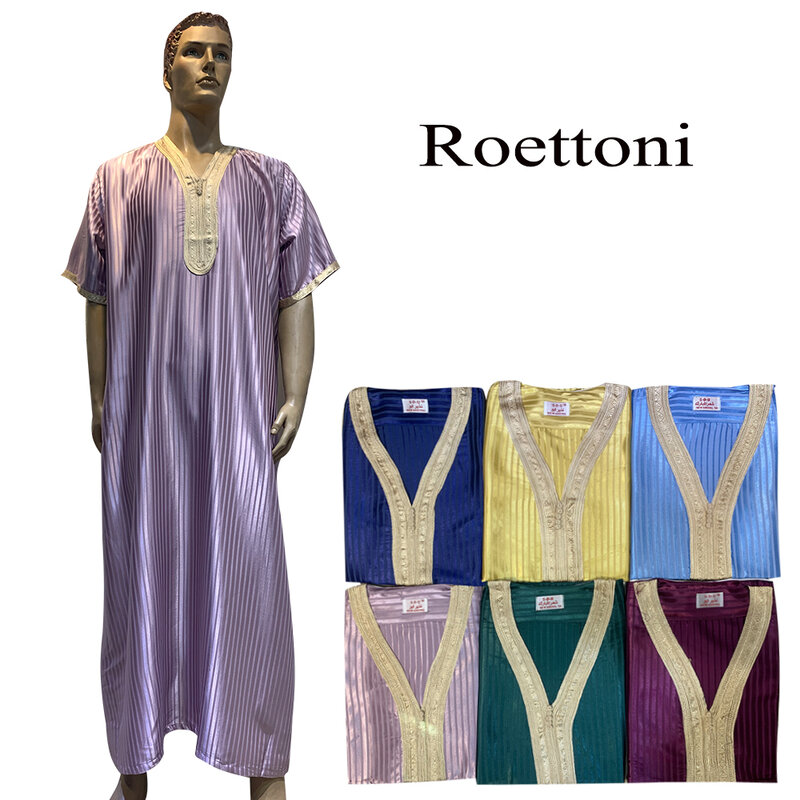 Shiny Stripe 1Piece Jubba Thobe For Men Kaftan Pakistan Muslim Saudi Arabia Djellaba Islam Clothing Prayer Robe Afghan ShortSlev
