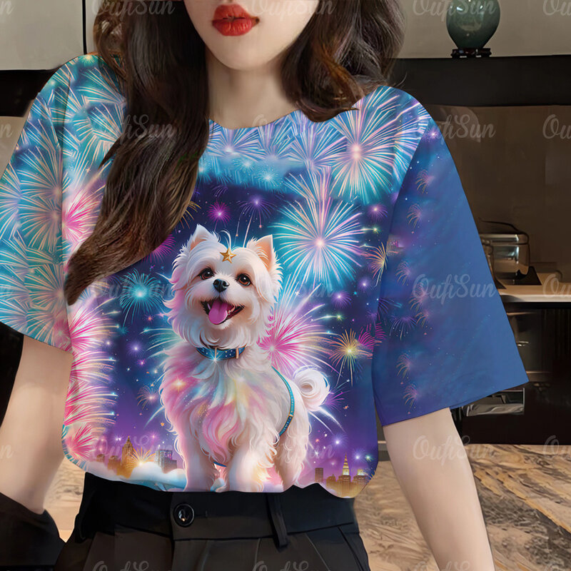 Camiseta feminina com gola redonda, blusa de manga curta, roupa versátil, impressão 3D para cães, tamanho grande, moda verão