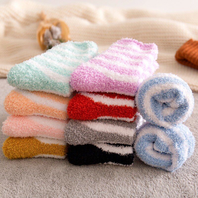 Winter Warm Women Soft Fluffy Stripes Bed Socks Ladies Casual Floor Slipper Fleece Plush Thicken Coral Warmer Sleeping Stockings