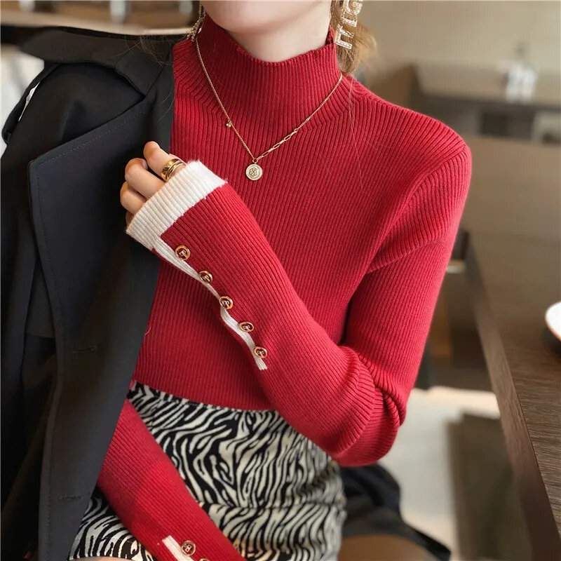 Женский вязаный свитер с высоким воротником, повседневный облегающий пуловер в Корейском стиле, мягкий теплый джемпер, Осень-зима