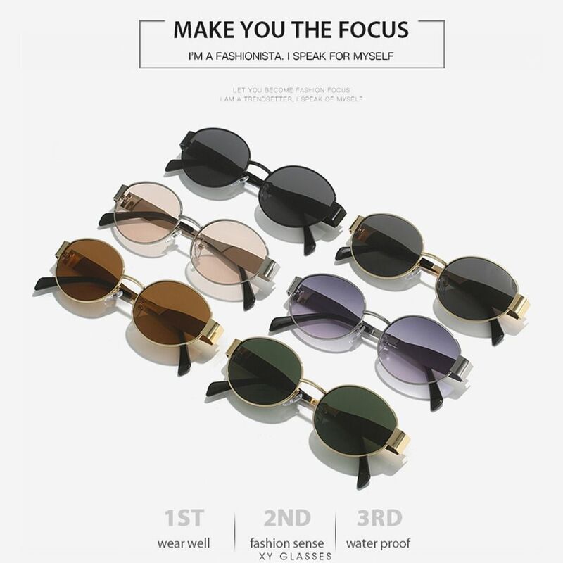 UV400 Protection Oval Sunglasses Trendy Metal Frame Punk Eyewear Black Shades for Women & Men