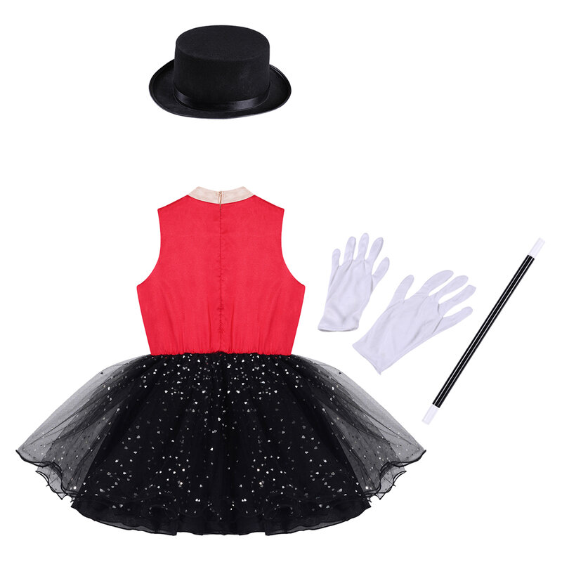 Halloween Kinder Mädchen Zirkus Cosplay Kostüm Set ärmellose Mock Neck Back Reiß verschluss Tutu Kleid mit Hut Zauberstab Handschuhe verkleiden