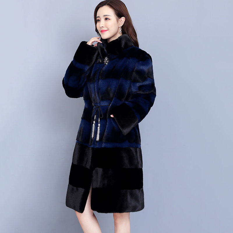 Зимнее Новое темпераментное пальто Haining, женское цельное Свободное пальто средней длины с воротником-стойкой