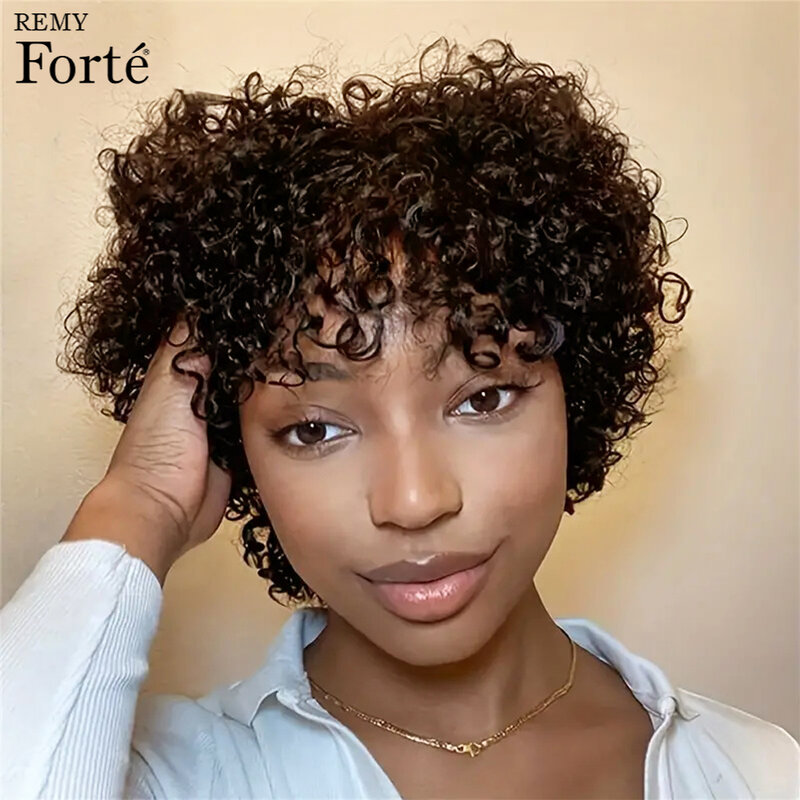 Remy Forte-Afro Kinky Curly Bob Peruca para Mulheres, Cabelo Humano Curto, Lace Glueless, Pixie Cut