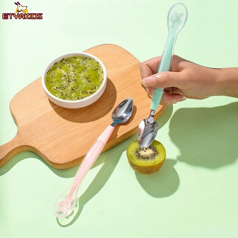 Fruit Scraping Mud Spoon Baby Food Feeding Spoon Two Heads Soft Silicone Easy To Eat Fruit Spoon Baby Feeder Utensils Supplies