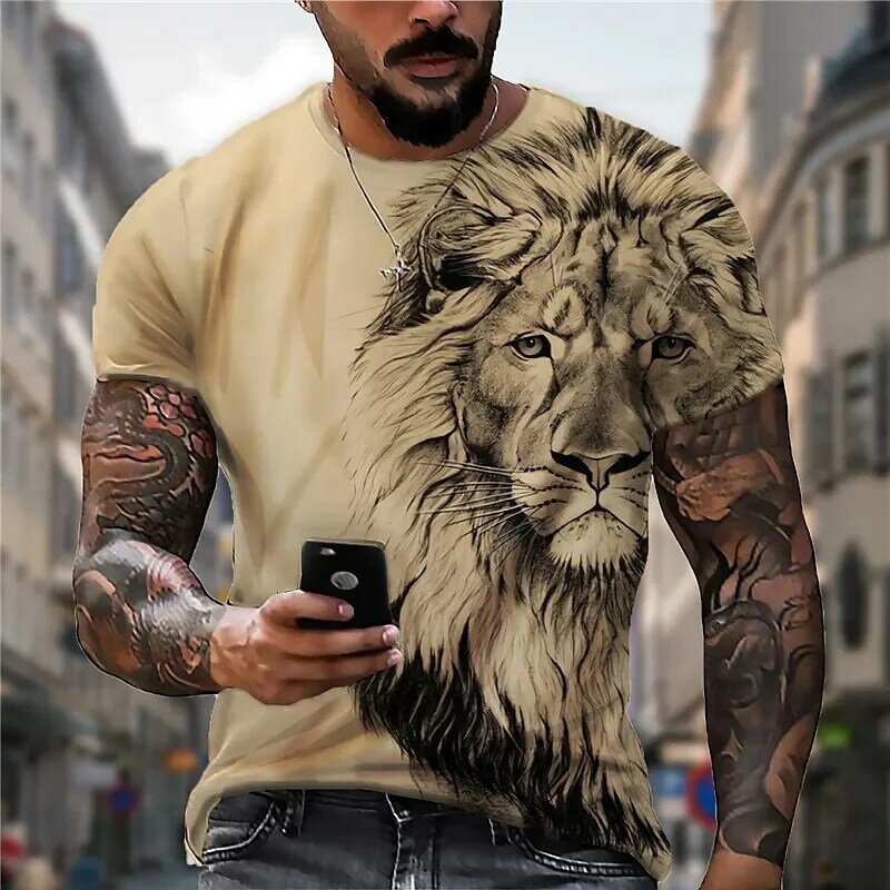 Kaus lengan pendek pria, 2023 katun, musim panas, kaus kebugaran olahraga elastis mikro atasan lengan pendek mode gambar singa hewan untuk pria