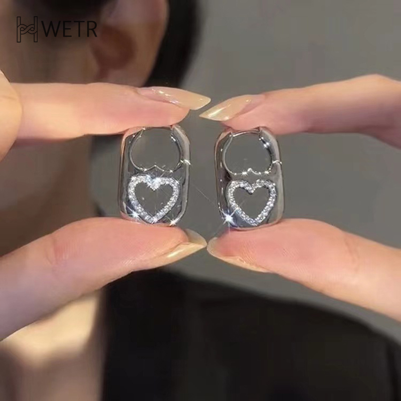 Pendientes de doble Corazón de diamantes de imitación huecos para mujer, anillos geométricos de moda, hebilla para la oreja