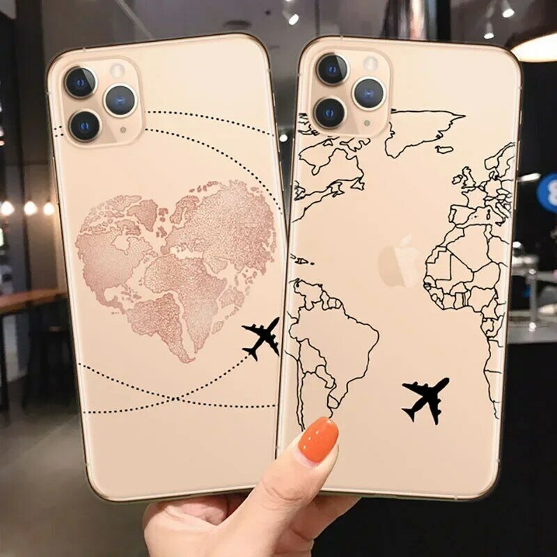 World Map Travel Soft TPU Phone Cases For iPhone 14 13 12 Pro 15 Plus Plane Cover For iPhone 11 Coque