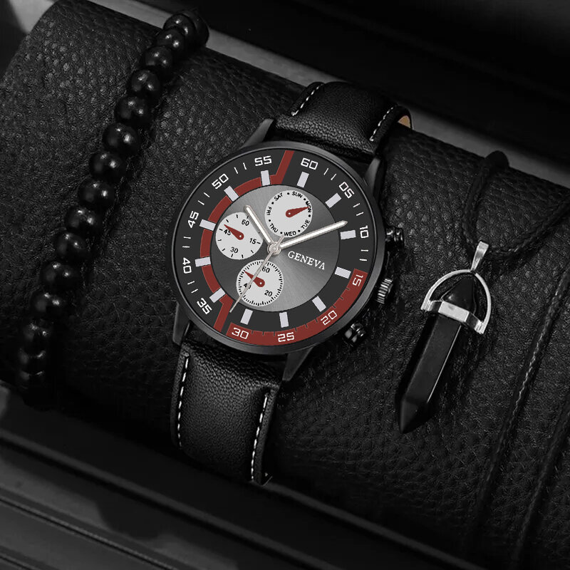 3ชิ้นชุดแฟชั่นนาฬิกาธุรกิจสำหรับผู้ชายสร้อยข้อมือลูกปัดแบบสบายๆสร้อยคอนาฬิกาข้อมือควอตซ์หนังสีดำ relogio masculino