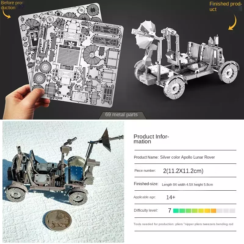 Modelo de montagem DIY todo em metal, 3D, tridimensional, sem cola, nano puzzle, Apollo, Lunar Rover Crown, aço inoxidável