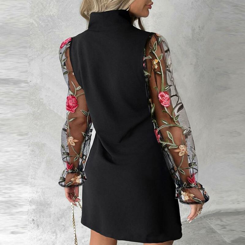 Women's Round Neck Dress Flower Embroidery Mesh Sheath Dress with Tight Waist Long Sleeve Fall Spring