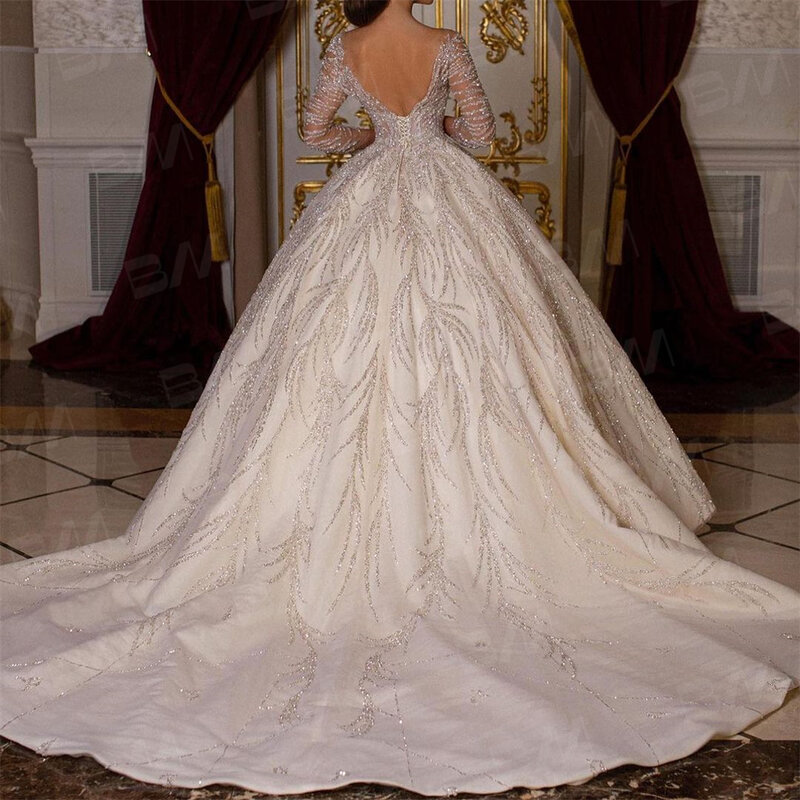 Luxury Hand Beaded Long Sleeve Wedding Dress Ball Gown Long Chapel Train Beaded Sexy Bride Dresses Vestidos De Novia