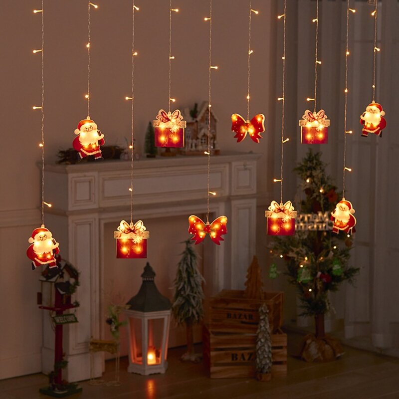 Cortina de luz LED con diseño de estrellas, adornos navideños, cadena de luces de Papá Noel, atmósfera de ventana, escena