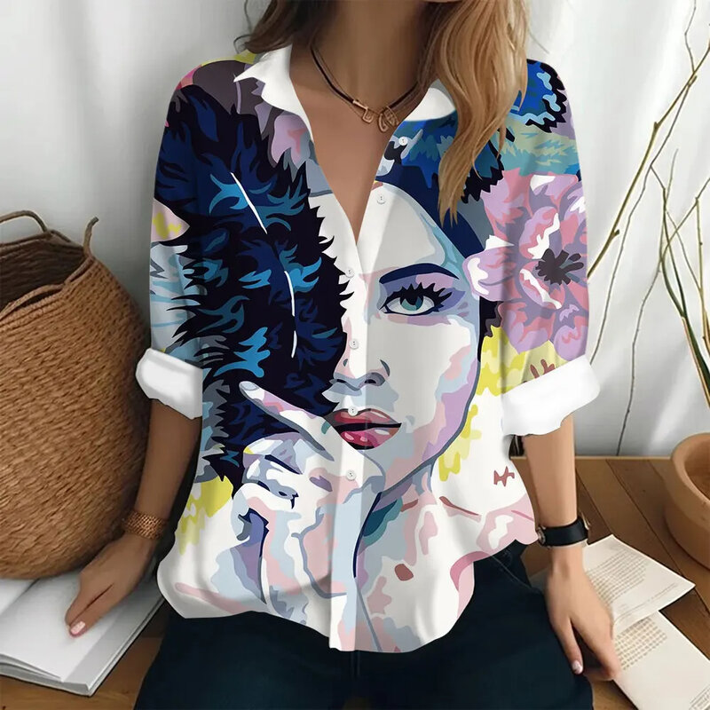 Hawajska damska koszula z długim rękawem 3D druk cyfrowy abstrakcyjny obraz olejny artystyczny Top damska elegancka koszula moda damska luźna