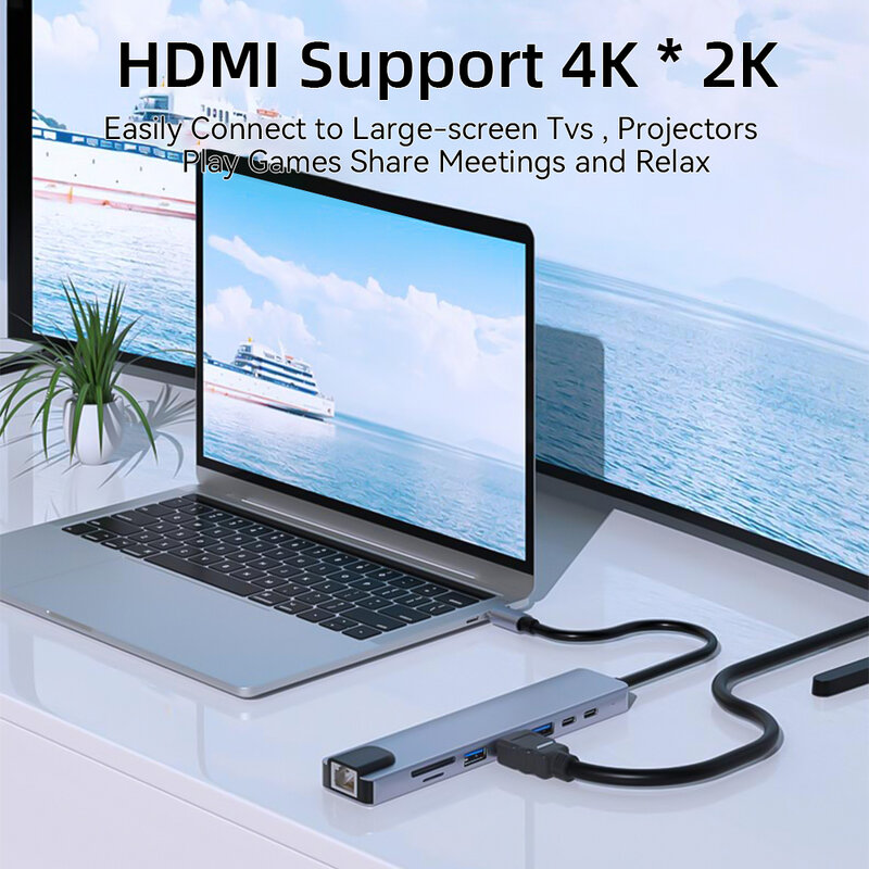 محطة إرساء USB C HUB ، HDMI 4K ، 100 واط ، PD ، منفذ USB C ، USB 3.0 ، RJ45 ، Ethernet SD ، قارئ بطاقة TF ، 4 منافذ ، 5 منافذ ، 6 منافذ ، 8 منافذ