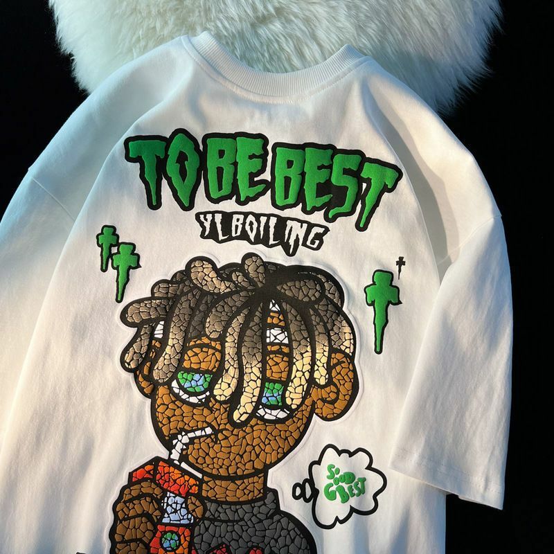 Camiseta solta de manga curta masculina, top fashion, desenho animado com retrato de rua alta 100% algodão, hip-hop