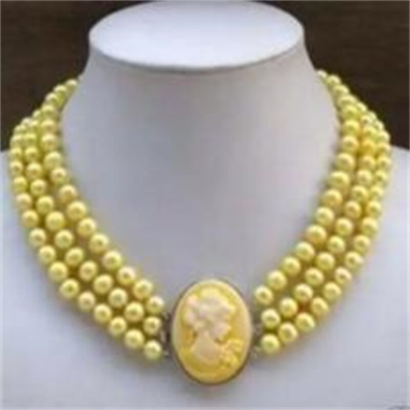 Collar de perlas amarillas de 3 filas, camafeo, cierre de belleza, 7-8mm