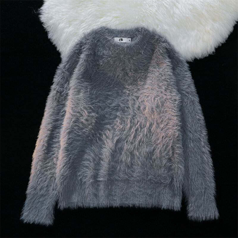 Мужской трикотажный пуловер оверсайз, Однотонный свитер с круглым вырезом и длинным рукавом, теплая кофта, Осень-зима 2023