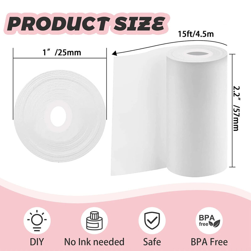 Branco auto-adesivo etiqueta de papel térmico adesivo, adequado para mini impressoras portáteis e câmeras, 57mm largura, 10pcs