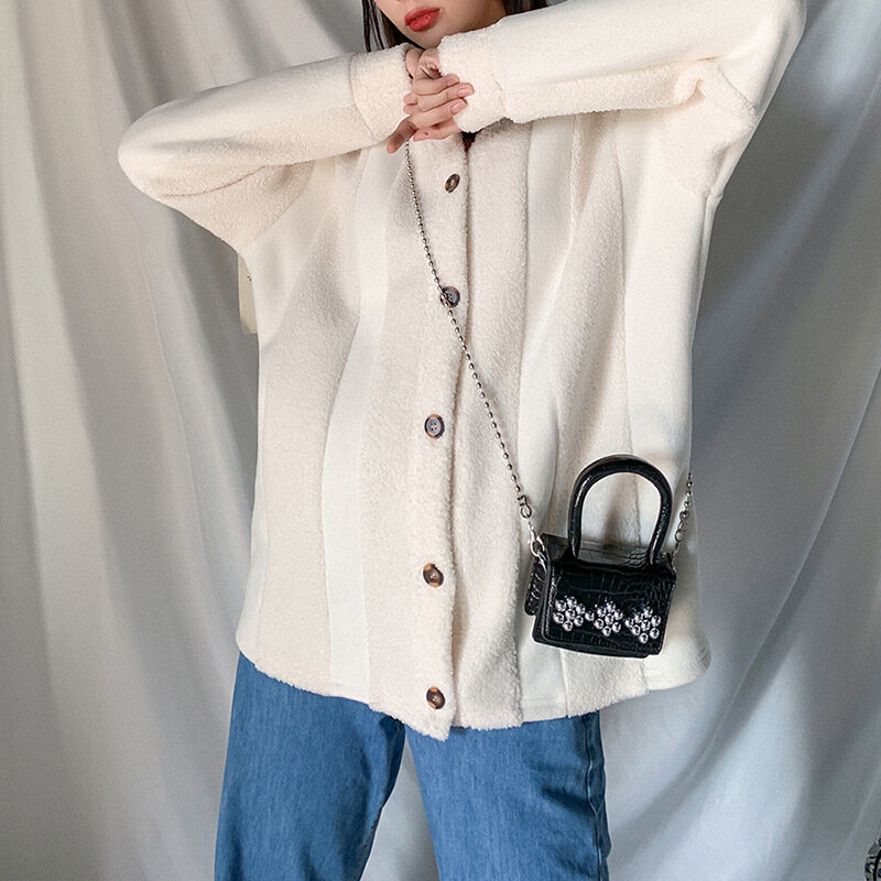 Luźny jesienny luźny jednolity kolor pluszowy płaszcz kobiet luźny kardigan jednoosobowy biurowa, damska prosty płaszcz 2024 Streetwear damski