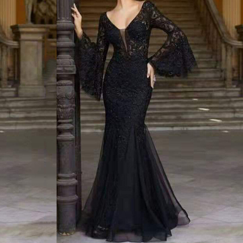 Vestido de noche con cola de pez para mujer, traje sexy ajustado, elegante, de encaje negro, falda larga, novedad de 2023